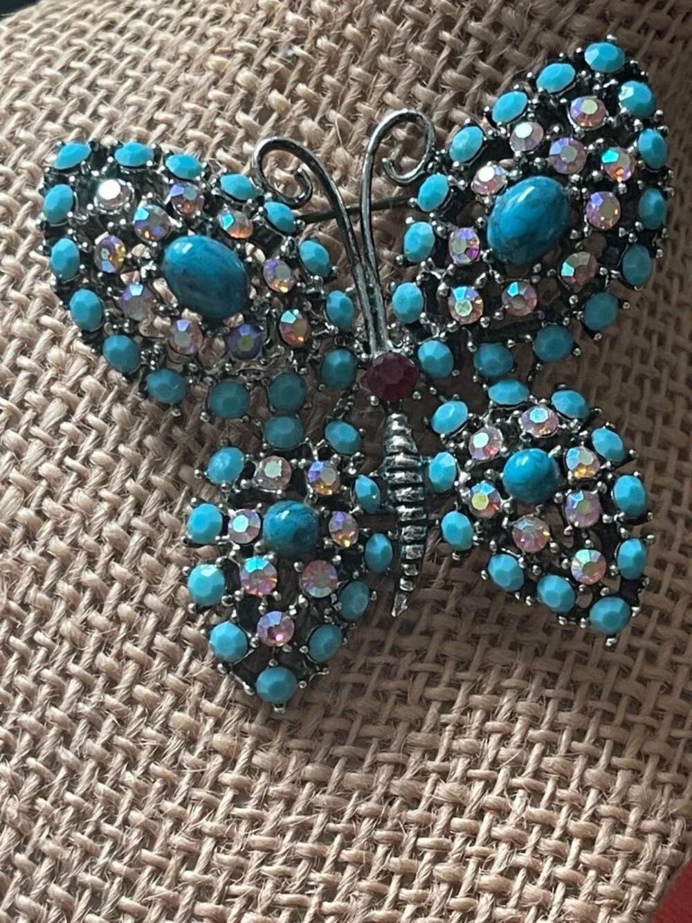 VTG Weiss Bejeweled Butterfly Brooch Turquoise Cabochons & Rhinestones 3.5
